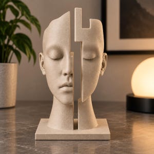 Peut inclure: Une sculpture beige représentant une tête humaine divisée verticalement en deux sections distinctes. Le visage présente des yeux fermés, un nez défini et des lèvres, avec une finition mate texturée. L'ensemble repose sur une base carrée.
