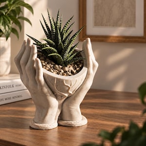 Op de afbeelding: Een witte plantenbak met marmertextuur in de vorm van twee komvormige handen die een kleine, stekelige groen-wit gestreepte vetplant vasthouden. De basis van de plantenbak heeft een touwachtig detail en de aarde is bedekt met kleine, lichte steentjes.