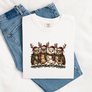 May include: A white t-shirt featuring a graphic of four owls wearing red Santa hats and red and green striped scarves. The owls have reindeer antlers, and one wears glasses. The design includes green garland and string lights wrapped around them.