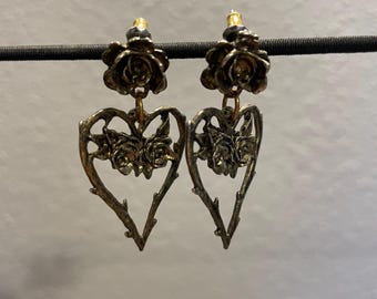Vintage Antique Rose Heart Dangle Earrings, Romantic Goth Thorny Vine Statement Earrings, Whimsigoth Cottagecore