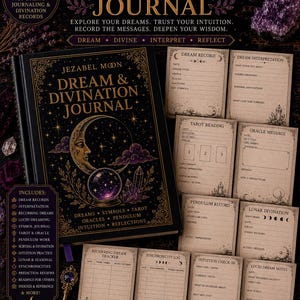 May include: A black hardcover journal titled Jezabel Moon Dream & Divination Journal with gold celestial illustrations. The set includes 80 pages for recording dreams, tarot readings, oracle messages, and pendulum work, featuring various printed log templates.