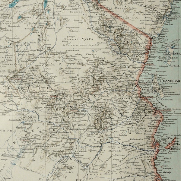 1897 Antique map of TANZANIA, EAST AFRICA. Kilimanjaro. 117 years old map.