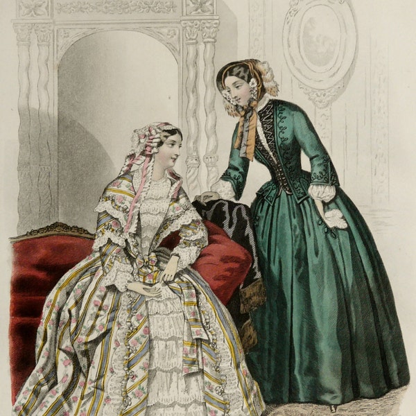 1851 Antique FASHION lithograph: Two Ladies in a drawing room. Ancient clothing. Jane Eyre era. 165 years old gorgeous lithograph