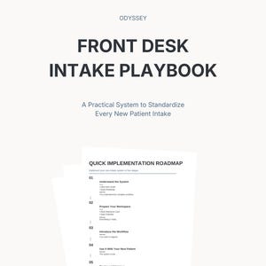 Könnte beinhalten: Ein Dokument mit dem Titel ODYSSEY FRONT DESK INTAKE PLAYBOOK: A Practical System to Standardize Every New Patient Intake. Darunter befindet sich ein Quick Implementation Roadmap mit fünf Phasen: Understand the System, Prepare Your Workspace, Introduce the Workflow, Use It With Your Next Patient und Review and Improve.