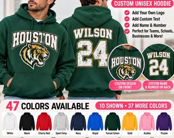 May include: A dark green Gildan unisex hoodie featuring a white tiger graphic and the text HOUSTON on the front, with the name WILSON and the number 24 printed on the back. The hoodie includes a drawstring hood and a front kangaroo pocket.