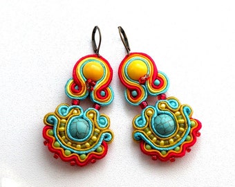 earrings-soutache earrings-boho style-hand embroidered jewelry-gift for woman-colorful earrings Indian Summer