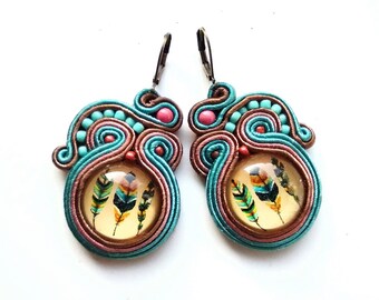 Soutache, boucles d'oreilles, boucles d'oreilles soutache, uniques, brodées à la main, bijoux brodés plume