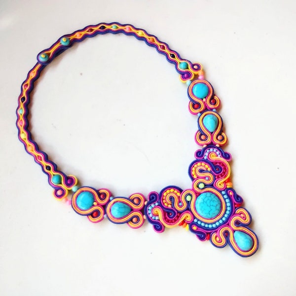 Soutache necklace, unique, hand embroidered necklace, necklace colorful, gift for woman Bahamas - will be ready for 1-2 weeks