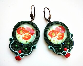 Boucles d'oreilles-Boucles d'oreilles soutache-bijoux bohèmes-Boucles d'oreilles brodées à la main-soutache coquelicots