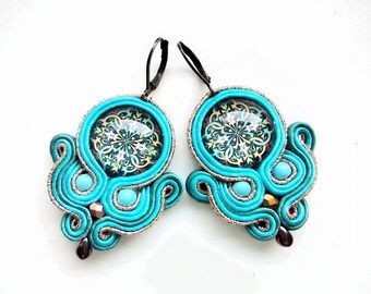 Pendientes-Pendientes Soutache-joyería boho-pendientes bordados a mano-soutache de Polonia - Océano