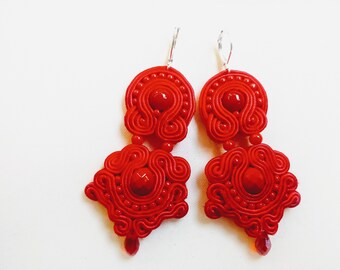 Pendientes-pendientes soutache-boho-étnico-hecho a manoJoyería-soutache de Polonia-OOAK RED