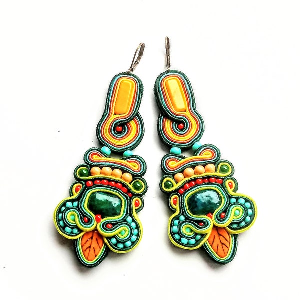 Gift Ideas - earrings, soutache earrings, gift for woman, long earrings, boho style, handmade embroidered jewelry Orange Leaf
