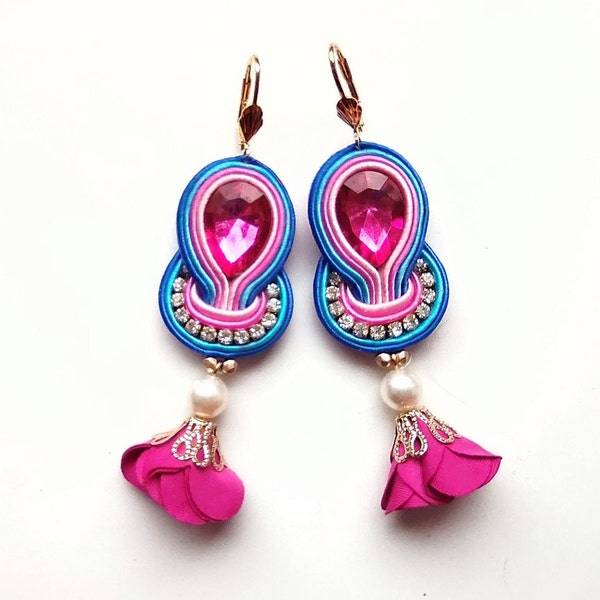 Boucles d'oreilles, soutache, soutache boucles d'oreilles  Flowers - Hot Pink