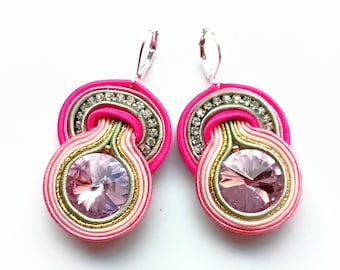 Earrings soutache, earrings with crystal, gift for woman, hand embroidered earrings, soutache embroidery Rosie