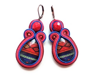 Earrings-Soutache earrings-boho jewelry-hand embroidered earrings-soutache jewelry Native Red