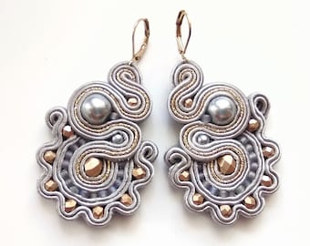 Cheerful earrings, funny jewelry, fancy earrings, soutache earrings, boho, gift for woman, embroidered earrings, gray earrings Gray&Gold