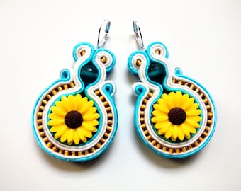 Soutache earrings, embroidered earrings, soutache technique, earrings, boho, hand embroidery Sunflower