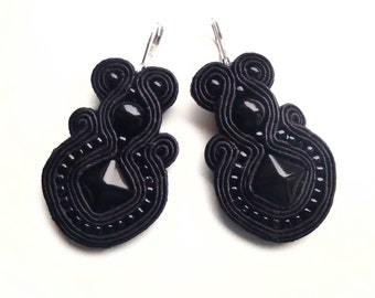 Earrings-Soutache earrings-boho jewelry-hand embroidered earrings-soutache technic- Black Square