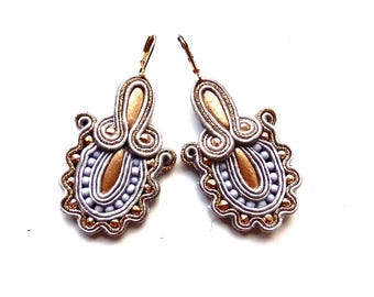 Cheerful earrings, funny jewelry, fancy earrings, soutache earrings, hand embroidered earrings, gift for woman,  dangle earrings Gold&Gray