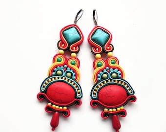 Earrings-soutache earrings-hand embroidered earrings-dangle soutache earrings-long earrings Montezuma Square