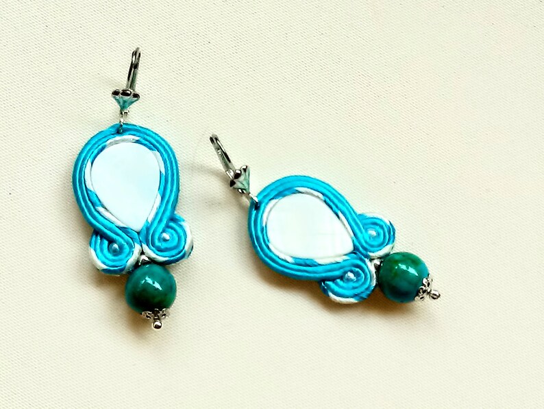 Earrings soutache ethnic Milky/&Turquoise hand embroidered earrings earrings boho turquoise gift for woman soutache technique