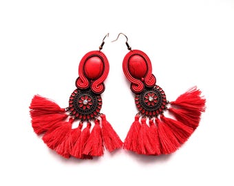 Red Tassel Soutache Earrings: Hand Embroidered Boho Dangle Jewelry, soutache jewelry, expressive and light