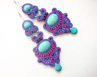 Ideas de regalos - pendientes soutache, joyas soutache, boho, pendientes soutache colgantes bordados a mano-Montezuma Purple