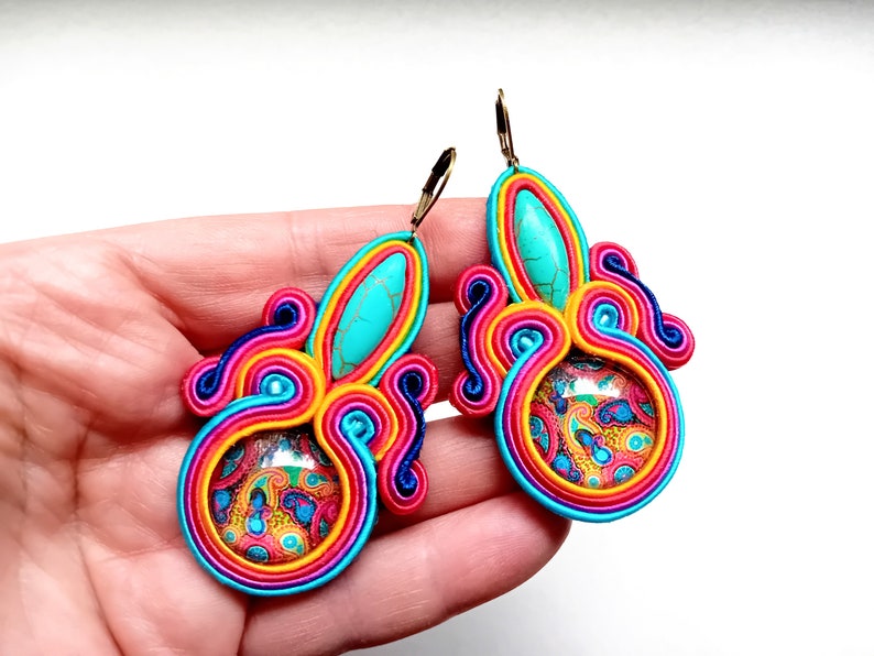 Earrings, soutache earrings, hand embroidered, colorful, gift for woman Paisley image 7