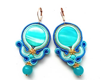 Soutache, earrings, soutache earrings, unique, hand embroidered, gift for woman Blue Water