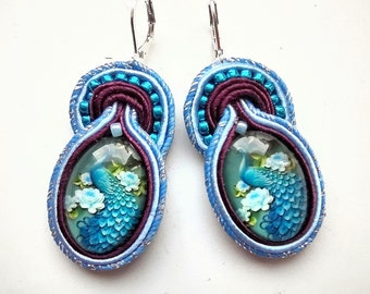 Earrings, soutache earrings, hand embroidered, vine colors, gift for her Peacock