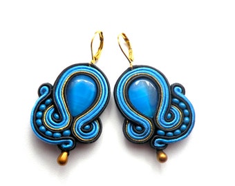 Earrings-soutache earrings-boho jewelry--hand embroidered earrings -soutache from Poland-OOAK Blue Tears