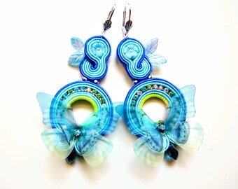 Boucles d'oreilles, boucles d'oreilles soutache, papillon, brodé à la main, cadeau pour elle, broderie à la main Papillon bleu