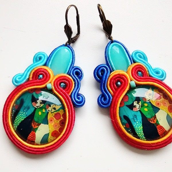 Earrings-Soutache earrings-boho jewelry-hand embroidered-cat earrings-soutache Cat Family