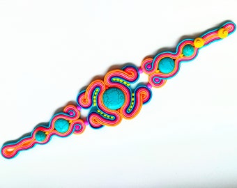 Hand Embroidered Soutache Bracelet: Turquoise Boho Cuff Jewelry, Lightweight Statement Piece