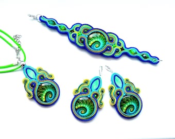 Hand Embroidered Soutache Jewelry Set: Sea Wave Earrings, Bracelet & Pendant, soutache jewelry, expressive and light