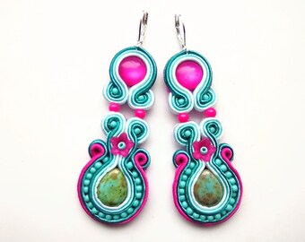 Earrings, soutache earrings, hand embroidered, gift for woman, long earrings Fuchsia Flower