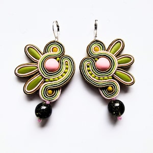 Hand Embroidered Soutache Earrings: Pink & Khaki Boho Jewelry
