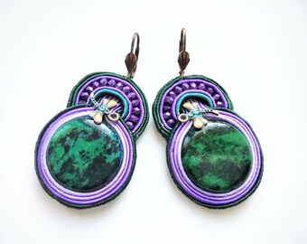 Soutache earrings, earrings, hand embroidered jewelry, soutache technique, chrysocolla, gift for woman Dragonfly