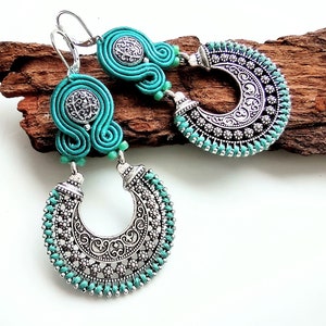 Gift Ideas - Earrings, soutache earrings, soutache, orient,embroidered soutache, hand embroidered, gift for woman Orient Emerald