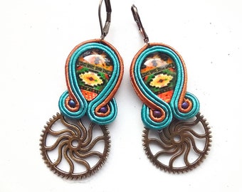 Earrings, soutache earrings, hand embroidered, native colors, soutache embroidery Helios