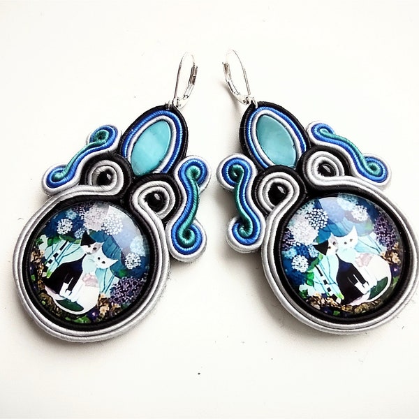 Earrings-Soutache earrings-boho jewelry-hand embroidered earrings-soutache Two Cats -