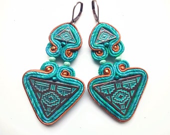 Earrings, soutache earrings, gift for woman, hand embroidered, native earrings Aztec