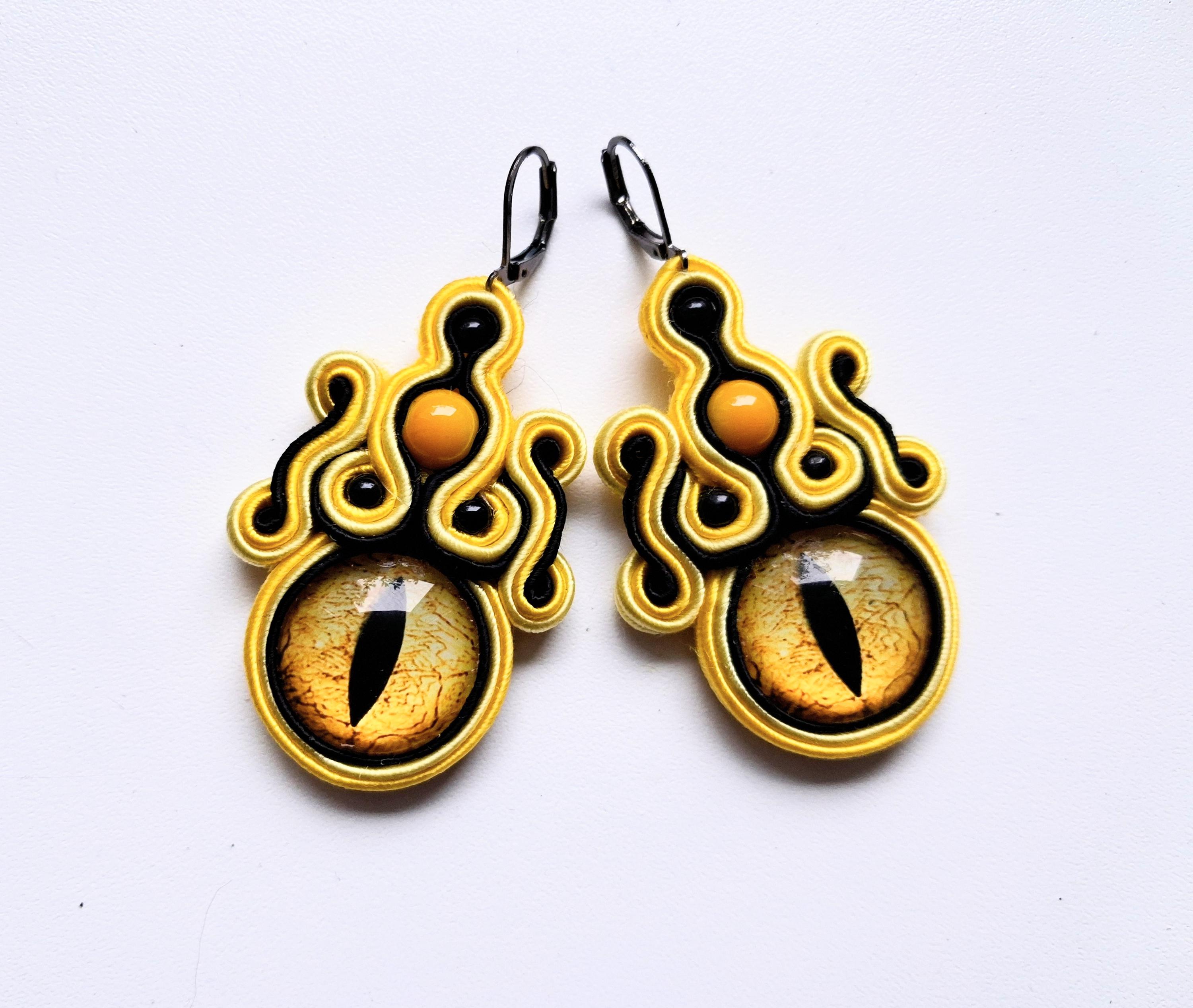 Cheerful earrings, soutache earrings, yellow earrings, dragon eyes, soutache jewelry, hand embroidered, boho, fancy earrings Yellow Dragon