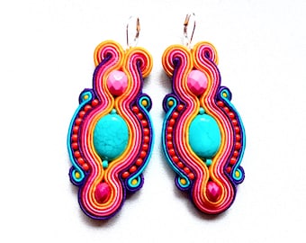 Earrings, soutache earrings, hand embroidered, colorful earrings, gift for woman, earrings with stone, embroidered jewelry Long&Colorful