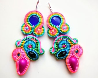 Boucles d'oreilles, boucles d'oreilles soutache, brodées à la main, couleurs fraîches, broderie soutache néon