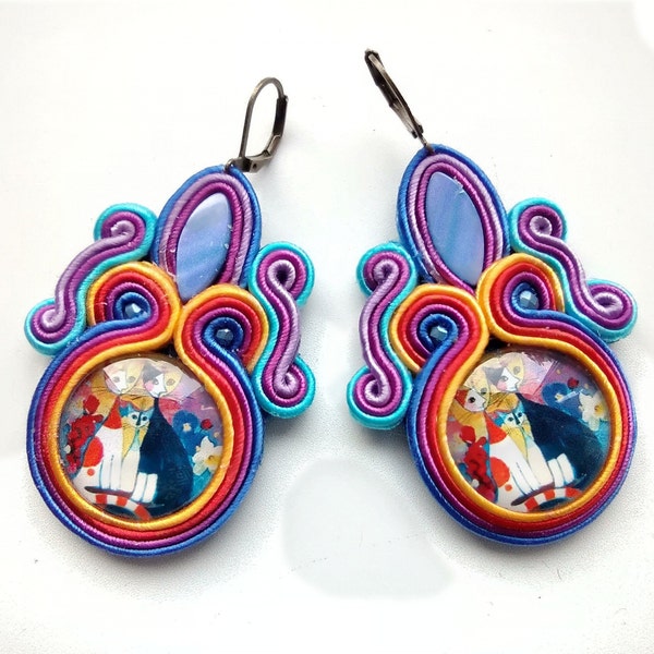 Soutache earrings with cats, hand embroidered, gift for her, catlovers, colorful earrings  Cats Family