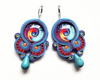 Hand Embroidered Soutache Earrings: Boho Turquoise Howlite Jewelry Tahiti, soutache jewelry, expressive and light