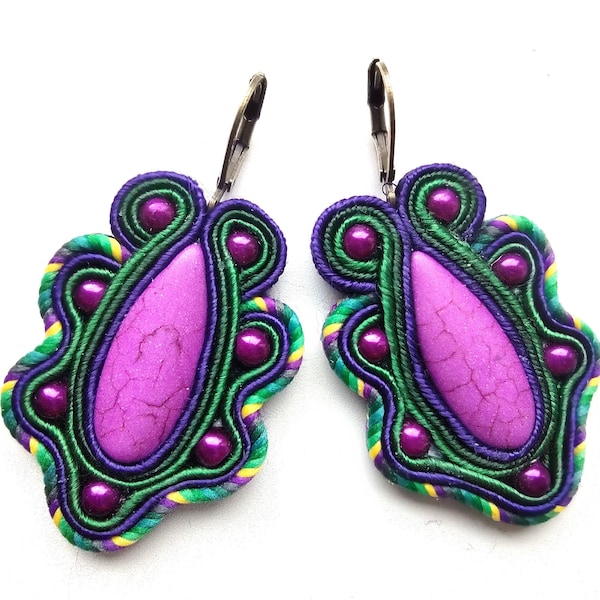 Pendientes soutache, pendientes bordados, técnica soutache, pendientes, boho, bordado a mano Forest Blueberry