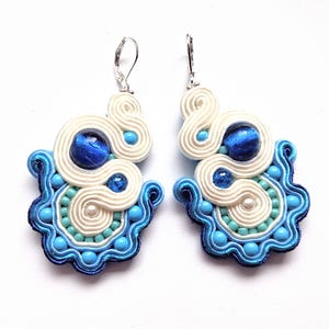 Fancy earrings, pastel jewelry, juicy earrings, soutache earrings, cheerful earrings, embroidered jewelry Blue&Cream