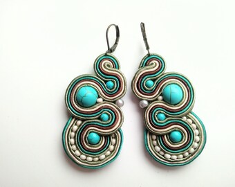 earrings, soutache earrings, boho earrings, Soutache Jewelry,  hand embroidered earrings, gift for woman, OOAK Turquoise Evening